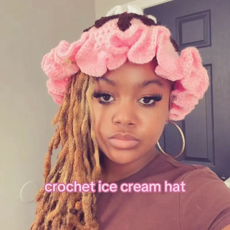 Crochet Ice Cream Hat for Women - Pink with Chocolate Topping and White Whipped Cream - Perfect for Summer