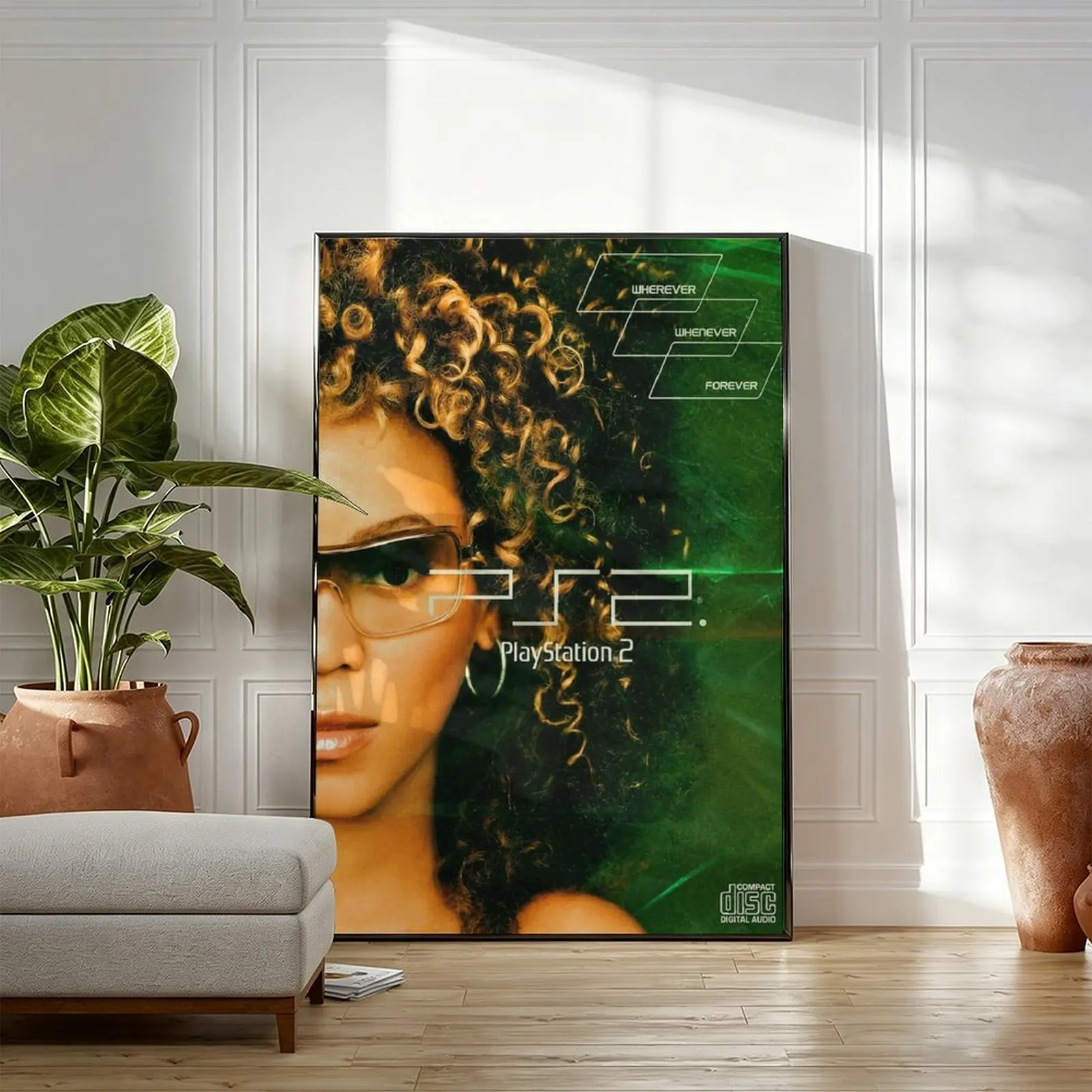 PlayStation 2 Retro Gaming Canvas Wall Art, Vintage PS2 Y2K Advertisement Poster, Green 2000s Aesthetic Bedroom and Gaming Room Decor