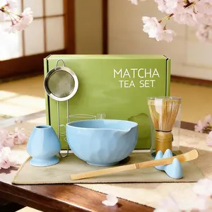 Matcha Whisk Set – Ceramic Matcha Bowl with Pour Spout, Bamboo Whisk, Whisk Holder, Scoop, Sifter – Japanese Matcha Kit for Beginners (Blue)