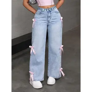 Y2K Style Girl's Loose Straight-Leg Jeans, Genuine Denim with Pink Bow Accent - Mid-Waist, Elastic Waistband, Non-Stretch Denim, Suitable for Street Dance and Casual Wear - Machine Washable, for Ages 7-15