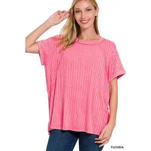 Ribbed Raglan Dolman Sleeve Boat-Neck Top