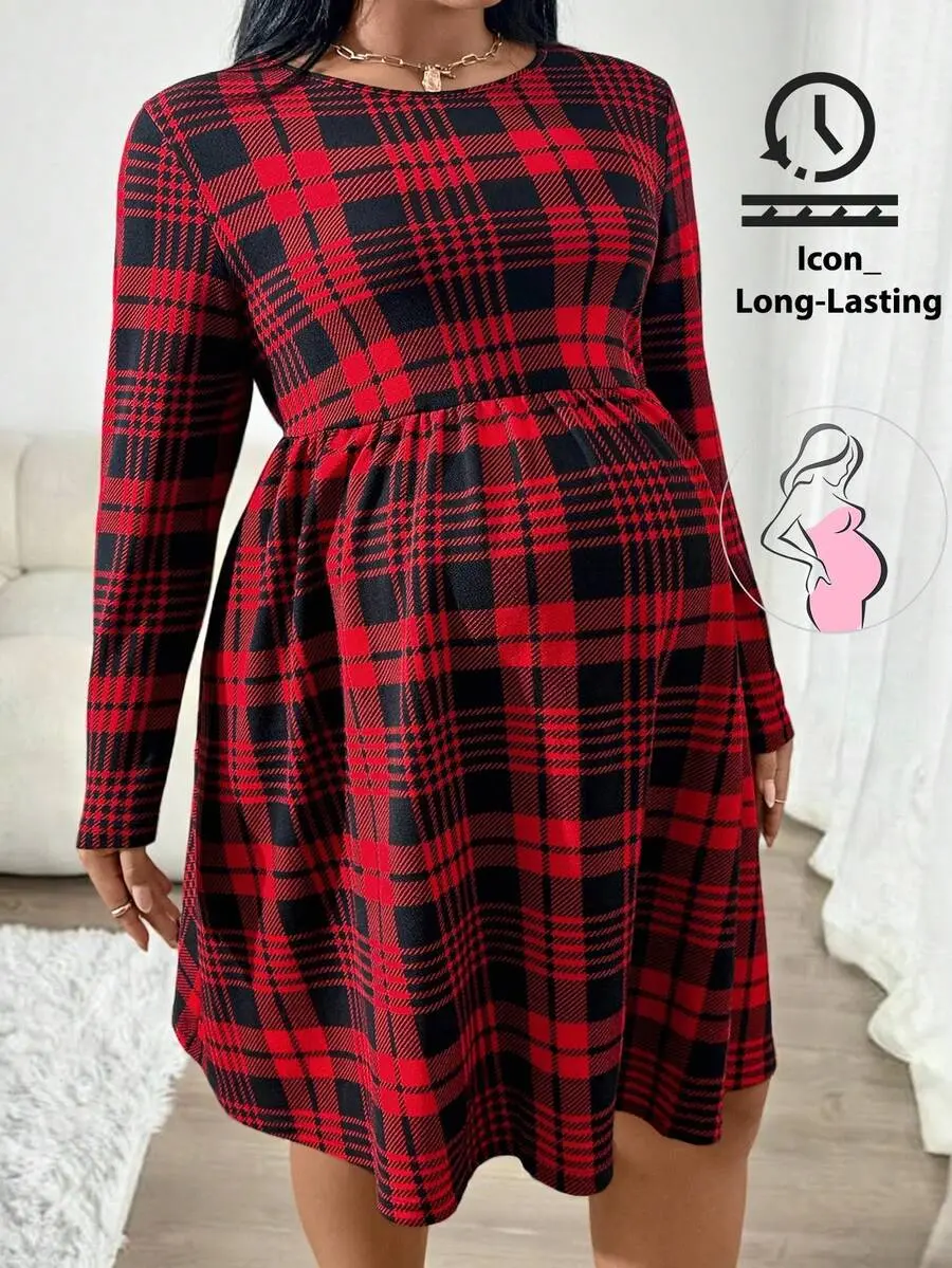 [DISCOUNT 40%] Plus-Size Maternity Dress,Red And Black Plaid,Round Neck,Long Sleeves,Autumn Winter Christmas Casual Everyday Style