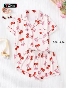 【Plus Size】Cherry Print Shortsleeve Top & Shorts Pajamas, Fruit Print Pajama, Casual Comfy Short Sleeve Top & Shorts Pj Set, Women's Sleepwear for Summer, Cute Loungewear, Homewear, Womenswear, Pyjamas