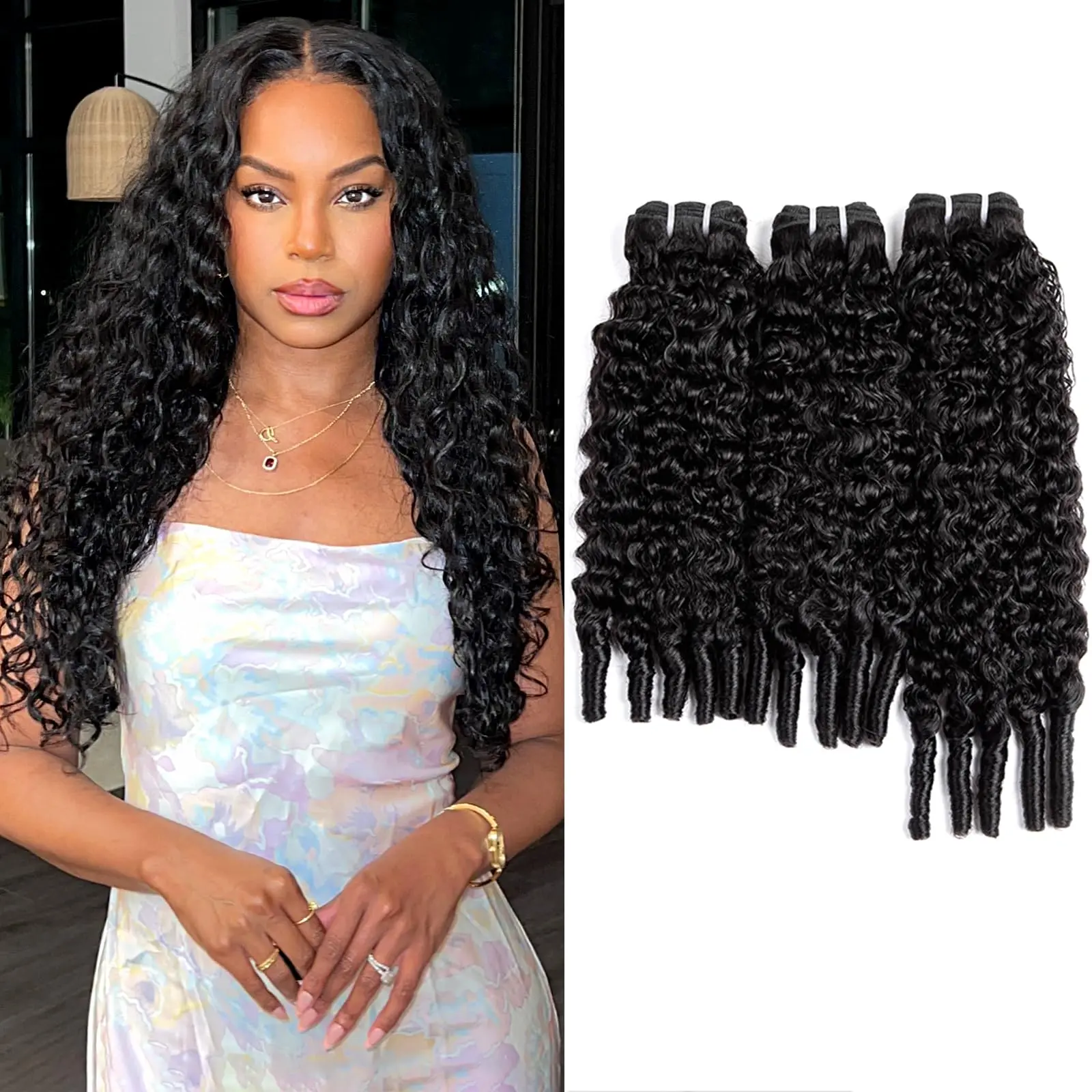 50G Bundles Human Hair 3C4A Spiral End Quick 3Pcs Burmese Curly Water Wave Bundles Human Hair Extensions for Black Women 16-26 INCH Natural Black 3 Pieces Burmese Bundles Curly Human Hair
