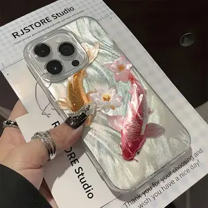 Lucky Koi & Lotus Print TPU+PET Feather Texture Phone Case for iPhone 11-17 Pro Max/Pro/Plus/Air Shockproof Airbag Cover Elegant Feng Shui Style Casing Protection Protective