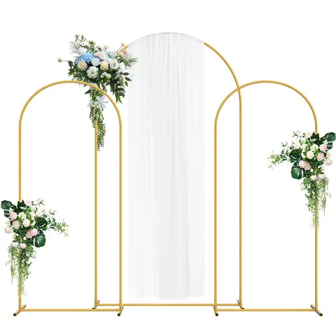7.3 ft x 4 ft Gold Corrosion Resistant Powder Coated Stainless Steel 3-Piece Circle Arch Backdrop Stand, Snap Assembly, Multi-Size, Flower&Balloon Compatible, Banner-Ready, Party&Anniversary Patchwork Decoration for Wedding Indoor&Outdoor Use