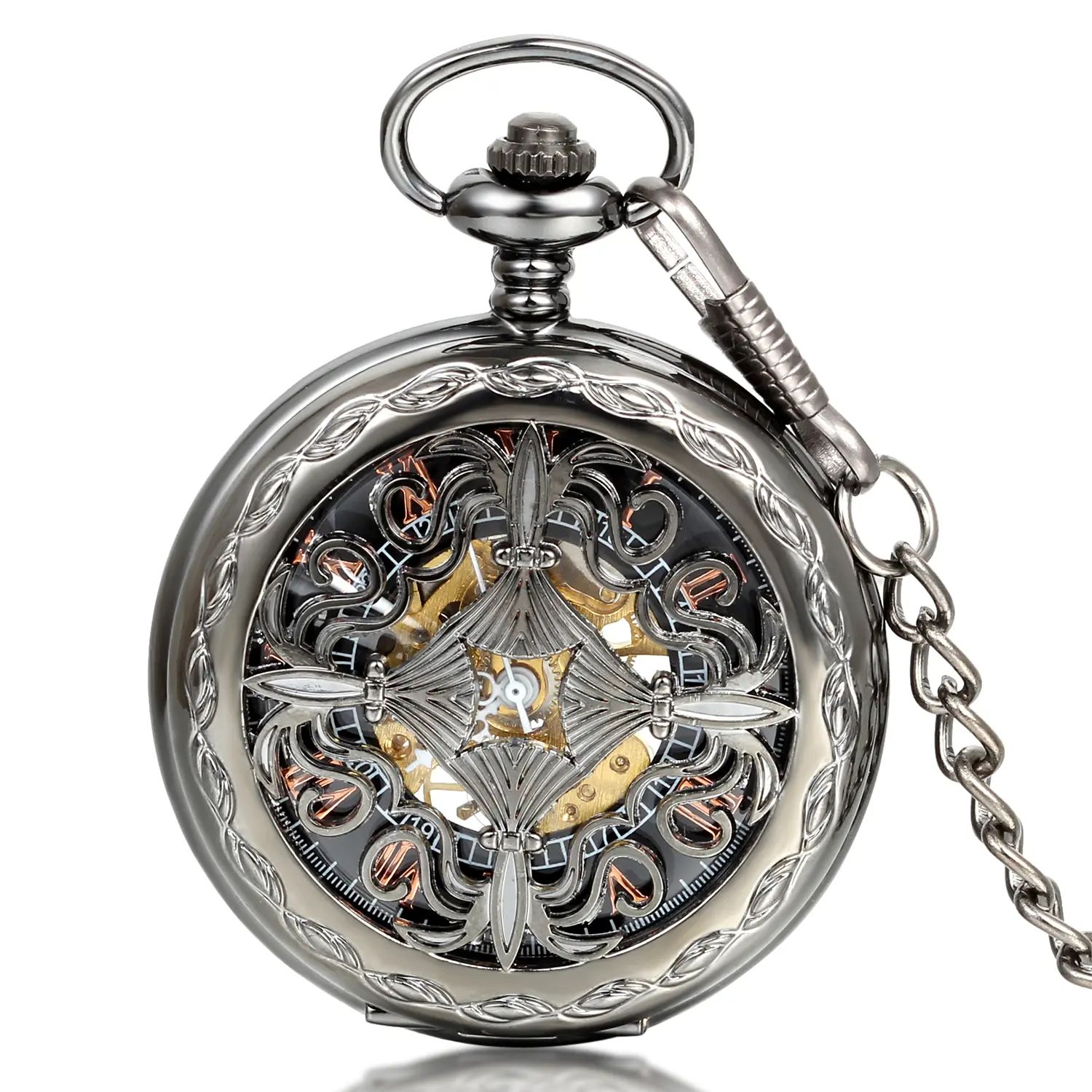 OIDEA Men's Vintage Skeleton Chain Link Pocket & Fob Watch, Chinese Knot Symbolism Detail, Manual Wind Mechanical Movement, Gunmetal Alloy Collectible Gift with 13.8-inch Chain, Collectibles, Classic, Chain Link Pocket & Fob Watches