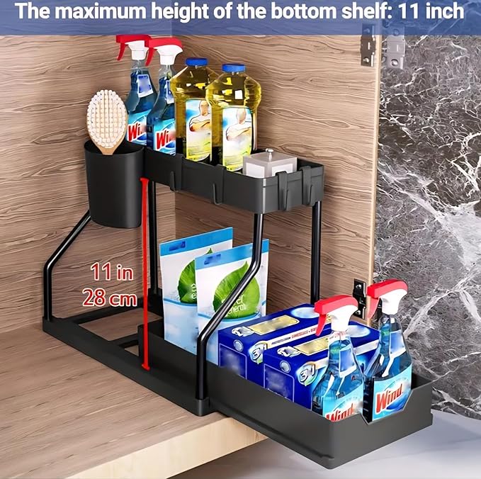 Under Sink Organizer 2-Tier Sliding Pull-Out Storage Basket, Sturdy Frame, Space-Saving for Kitchen Bathroom Laundry