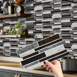 12/24/48PCS Brown-Gray-Black Gradient Marble Strip Faux Brick Stickers | PVC Crystal Film Self-Adhesive | Waterproof Wall Decor | Marble Backsplash Wallpaper (XY-HTP)
