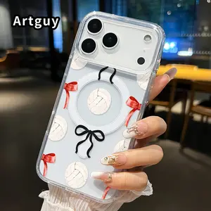 Magnetic Phone Case for iPhone 17 16  Pro Max Plus 15 14 13 12 11 Air E Volleyball Bow Tie Pattern Non-Yellowing Shockproof Soft Silicone Transparent Acrylic Large Hole Cover Supports Wireless Charging