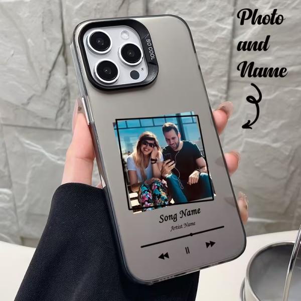 Custom Color Silver Music Player Phone Case with Photos, Compatible with iPhone 12–17, Exclusive Gift for Couples, Drop-Resistant Lightweight Protective Case