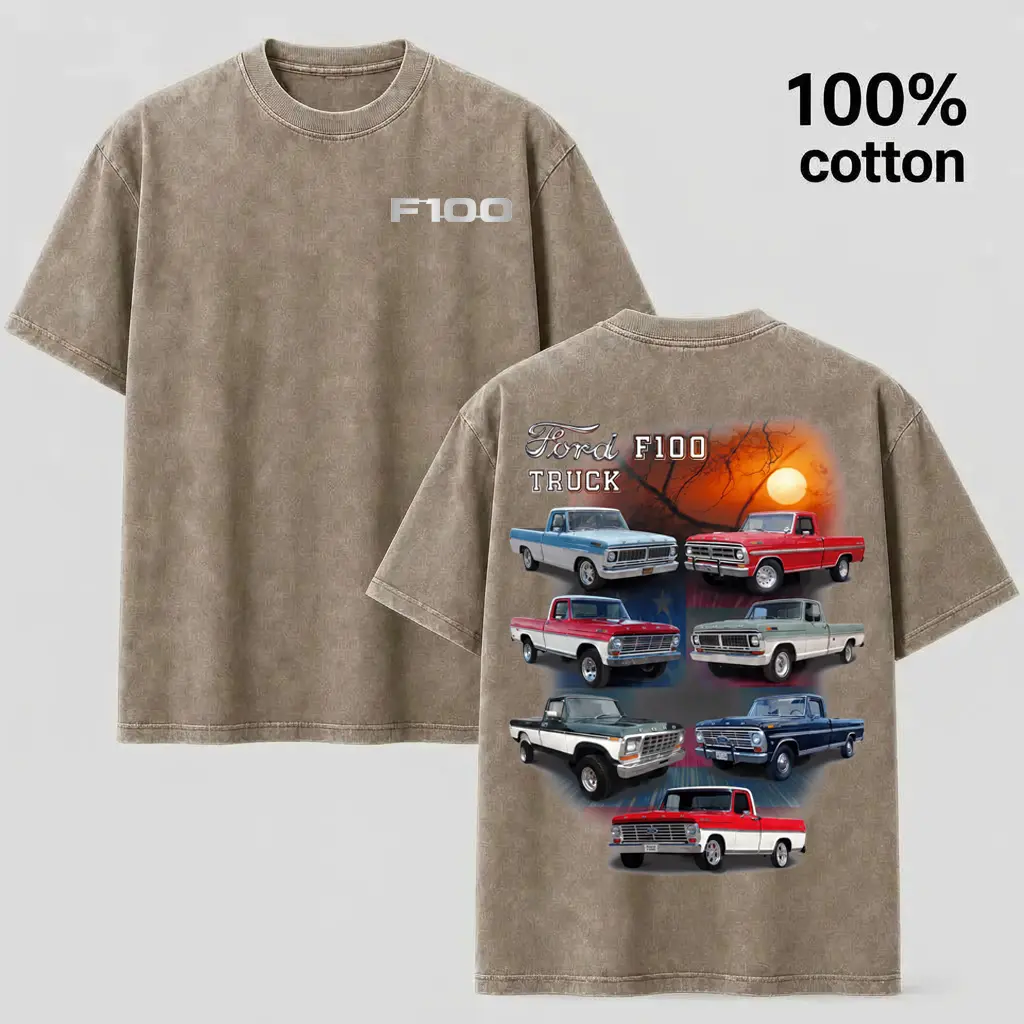 100% Cotton Vintage Wash Short Sleeve Casual Top, Double-Sided Ford F100 Classic Truck Graphic T-Shirt for Sports & Outdoor Activities, Shortsleeve, Tops, Acid Wash