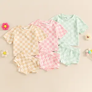 Toddler Baby Boy Girl Summer Clothes Checkerboard Print Short Sleeve Tops and Shorts Infant 2pcs Clothing Set