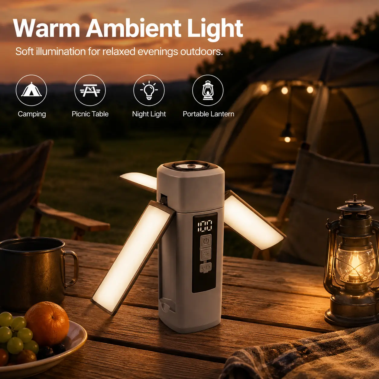Rechargeable USB Camping Lantern with Foldable Panels, Compact LED Outdoor Lighting with Hook for Camping, Hiking and Power Outages, Camping Equipment, Emergency Lanterns