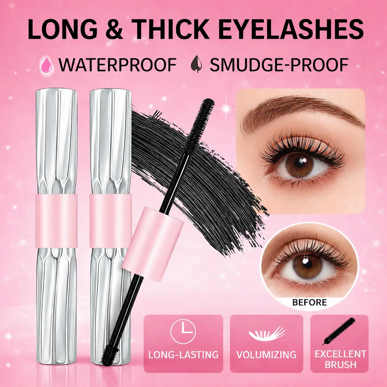 Eyelash Mascara - Waterproof, Voluminous, Fanning Volumizing, Curl Boost, Beauty Enhancing Makeup That Creates Long, Thick, Curled Lashes, Mascara Volume and Length Waterproof