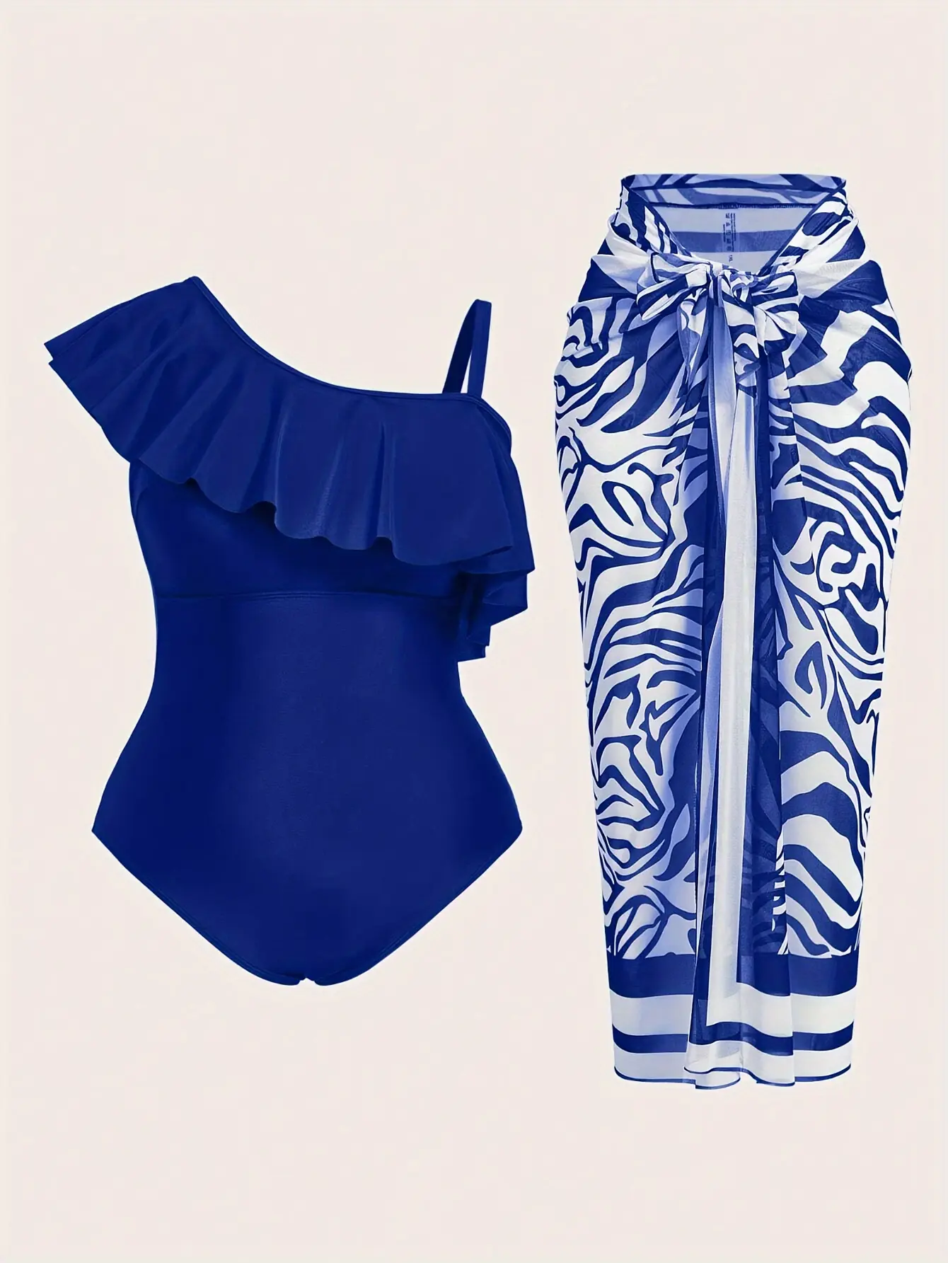 Women's Fashion Solid Royal Blue 1-Shoulder Ruffle Tummy-Control Monokini Swimdress Set with 2-Piece Zebra Print Tie-Wrap Mesh Midi Skirt Cover-Up, Beach Wear for Summer Pool Party Tropical Vacation
