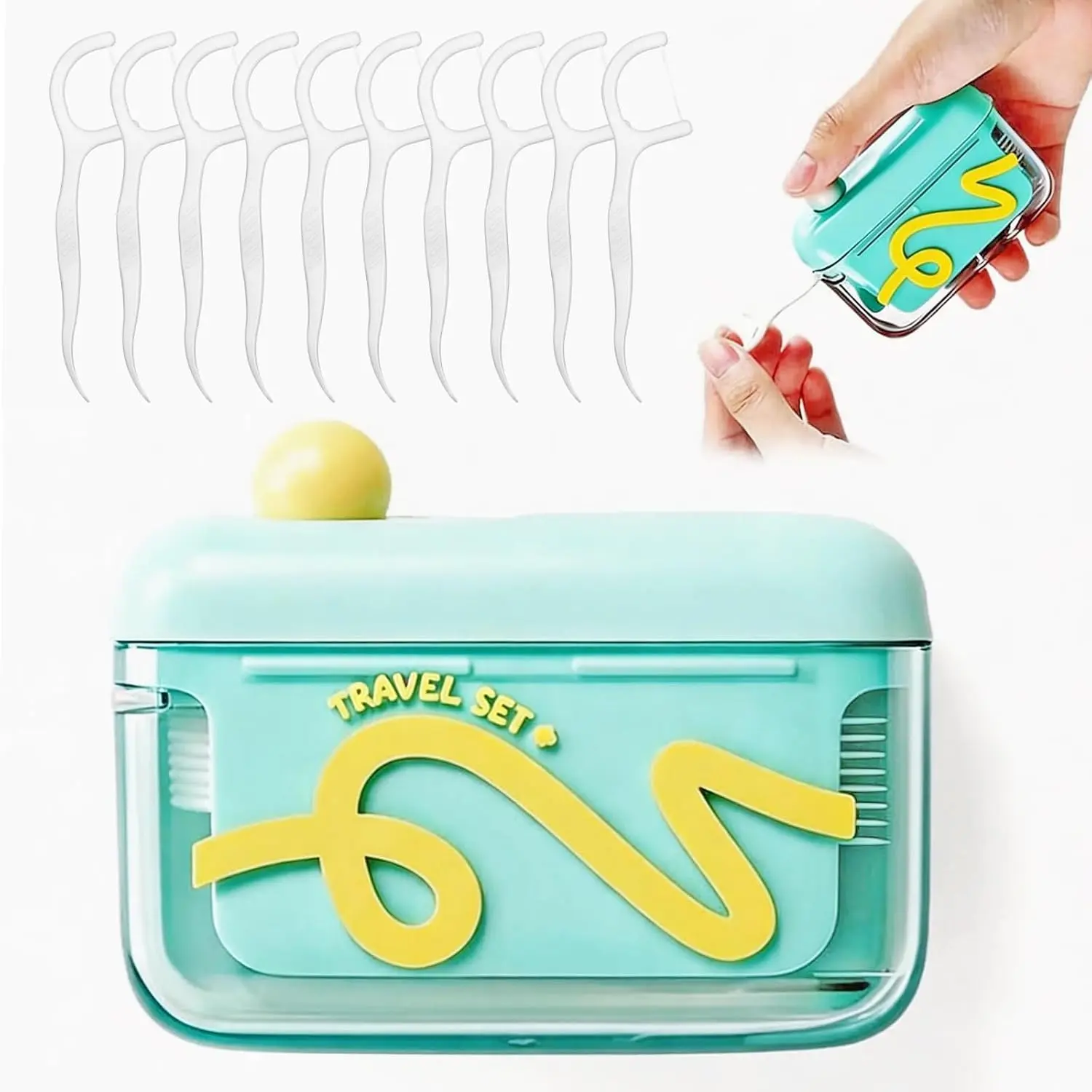 Pop-Up Toothpick with 10 Dental Floss Picks, Dental Floss Dispenser, Flosser Storage Box for Adults, Tooth Picks Holder Refillable Travel Floss Container and Toothpick Holder, Portable Floss Sticks Kit for Adults