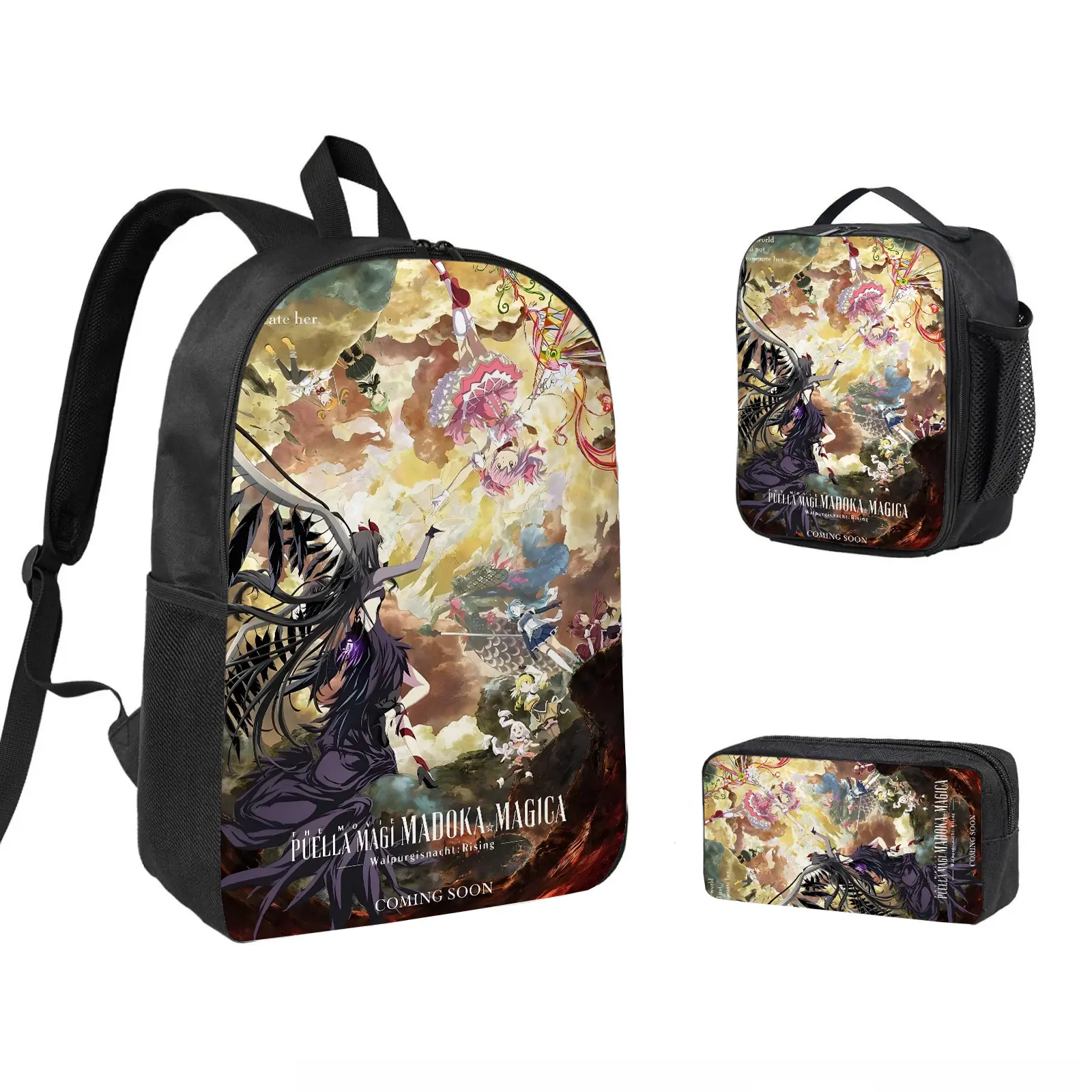 Puella Magi Madoka Magica 3 PCS Backpack Set, Durable School Bookbag with Insulated Lunch Bag & Pencil Case for Teens Boys Girls, Comfortable Travel Daypack Gift for Fans d-205