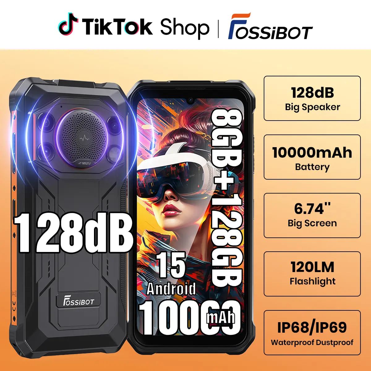 FOSSIBOT F110L Rugged Cellphone - Android 15, 12GB+128GB/2TB Unlocked Mobile Phone, 10000mAh Battery, 128dB Loud Volume, 6.745" Display, 50MP Sensor, 20W Charge, 4G Dual SIM, Waterproof, Camping Light, Octa-Core Cpu