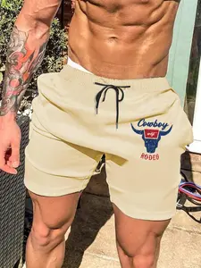 Men's Bull Head & Letter Print Drawstring Pocket Shorts, Regular Fit Casual Elastic Waist Shorts for Summer, Men's Bottoms for Daily Wear, Men's Shorts, Menswear, Casual Athleisure Shorts, Activewear, Sports Clothes, Athletic Shorts Casual
