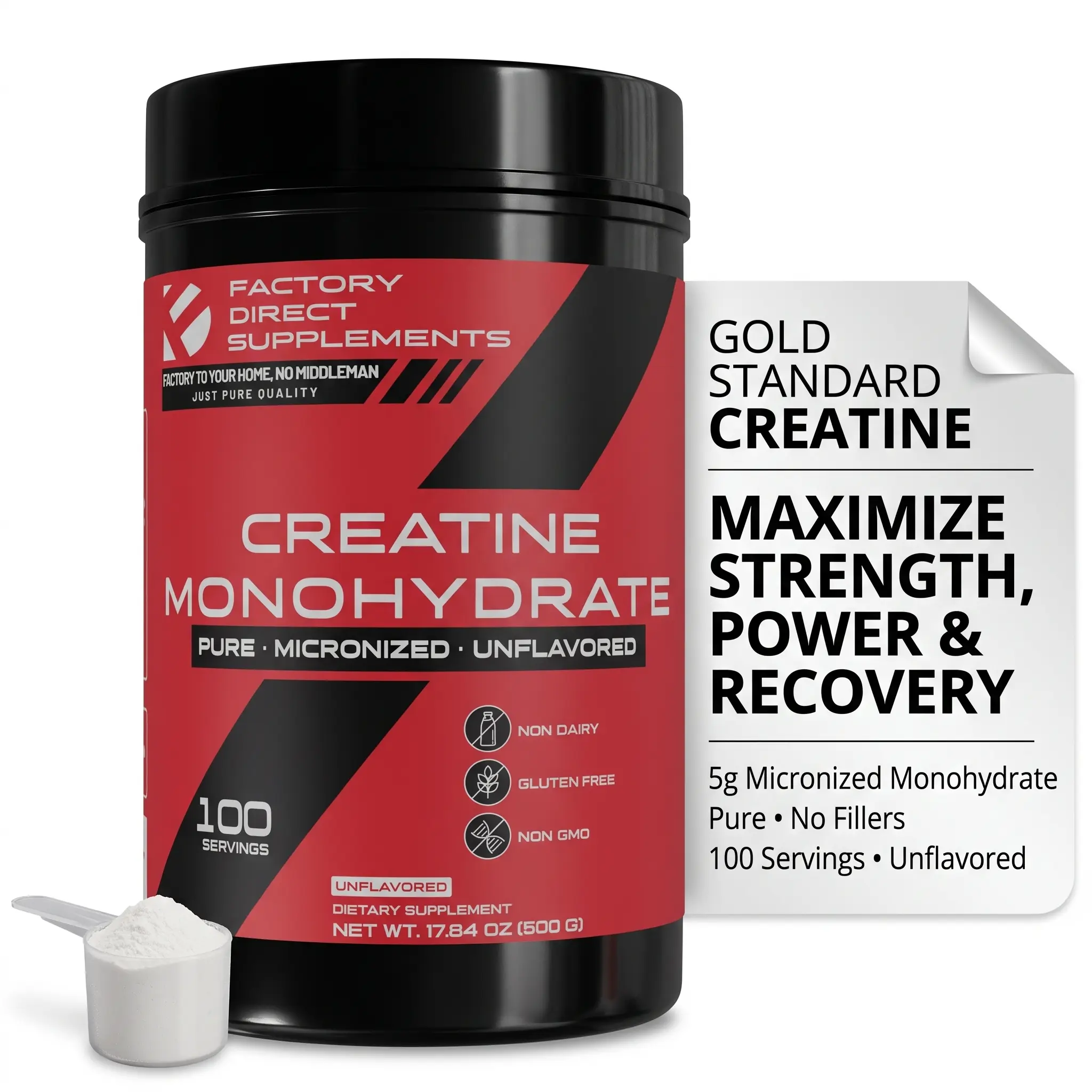 Factory Direct Supplements Creatine Monohydrate Powder, Micronized 5g Per Serving, Unflavored, 100 Servings, 500g