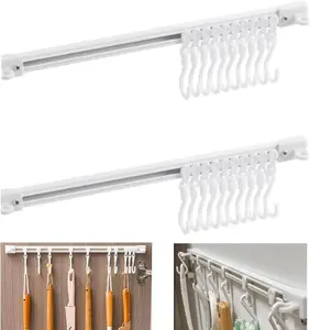 2Pcs Multifunctional Slide Rail Hook, Adhesive Wall Hooks Rack Kitchen Rail, Space Saving Utensil Rack with 10 Hooks No Drilling Hanger for Bathroom Kitchen Bedroom Office(40cm/15.7in)