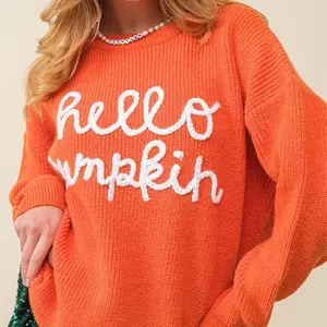 Women's Halloween Sweater Letter Embroidery Crew Neck Long Sleeve Pullover Knit Tops, Casual Streetwear for Winter Fall, Ladies Clothes for Halloween