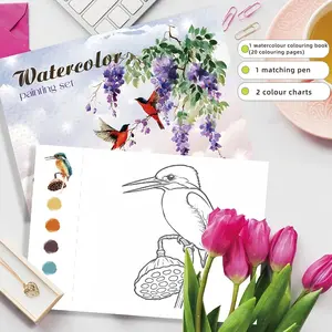Beginner Floral Bird Watercolor Painting Set, Cartoon DIY Coloring Book with Paints, Best Gift for Holiday and Art Lovers