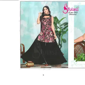 Tulasi Elegant Black Sharara with Palazo Suit D.no-343 Banarasi Silk Floral Embroidery Indo Western Style Sizes L XL
