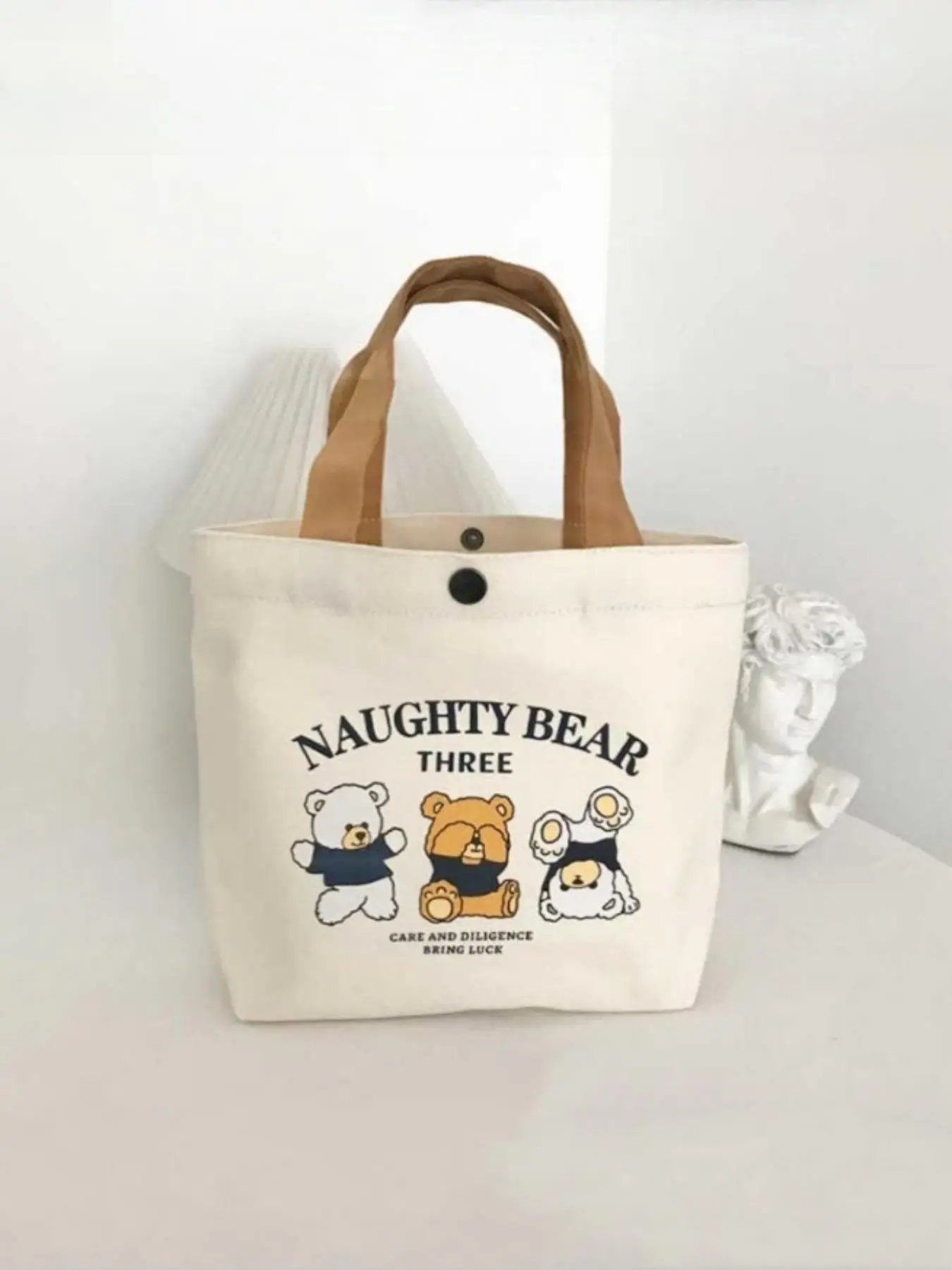 Small Bear Commuter Canvas Bag, Convenient Handheld Bag for Women 