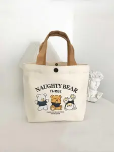 Small Bear Commuter Canvas Bag, Convenient Handheld Bag for Women Students Office Use, Lunch Box Storage Canvas Bag, Cute Bento Bag, Stylish and Practical, Tote Lunch Bag