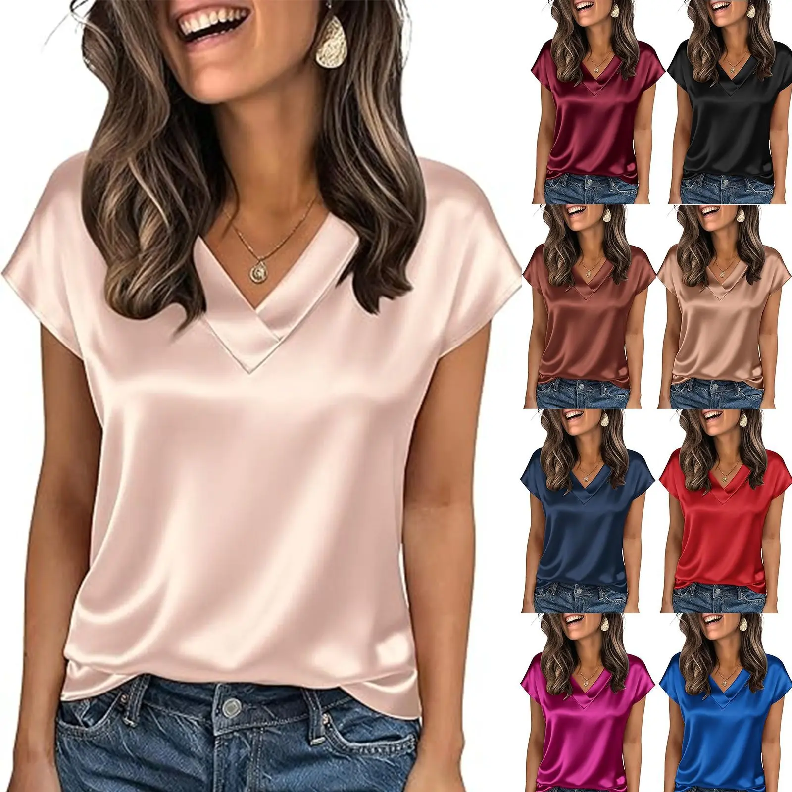 Satin V-Neck T-Shirt for Women in a Casual Solid Style with Glossy Short Cap Sleeves and Lightweight Fabric for Elegance, Fit, Top, Women's Tops And Blouses, Silky Drape Moves With Your Body