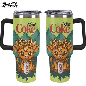 Cute Highland Cow Diet Coke Tumbler, Perfect Gift for Diet Coke Lovers: Cute Highland Cow 40oz Insulated Tumbler with Handle, Western Cowgirl Soda Travel Mug, Leopard Bow Highland Cow Soda Tumbler