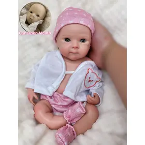 13 Inch Can Open Mouth Bettie Full Body Solid Silicone Reborn Girl Doll With Painted Bald 3D Painted Skin Handmade Waterproof Soft Touch Feelings Cute Newborn Doll Toy For Children's Gift
