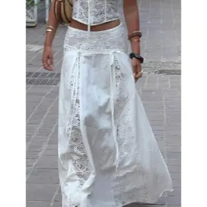 Boho Vacation Style Loose Lace Patchwork Midi Skirt, Summer Fashion French Woven Long A-Line Dress, Streetwear Fit for Women, Womenswear