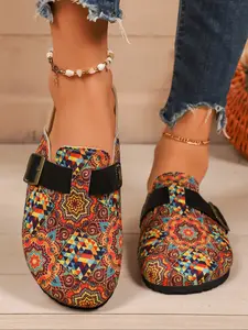 Women's Bohemian Style Mules, Slip On Clog, Paisley & Geometric Floral Pattern Slippers, Leather Straps, Metal Buckle, Cork Sole, Perfect with Jeans