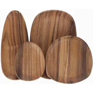 Set of 4 Acacia Wood Serving Platter Set, Irregular Oval Wooden Serving Trays for Party, Bread, Appetizer, Salad – Charcuterie Board, Wood Dinner Plates, Housewarming Gift