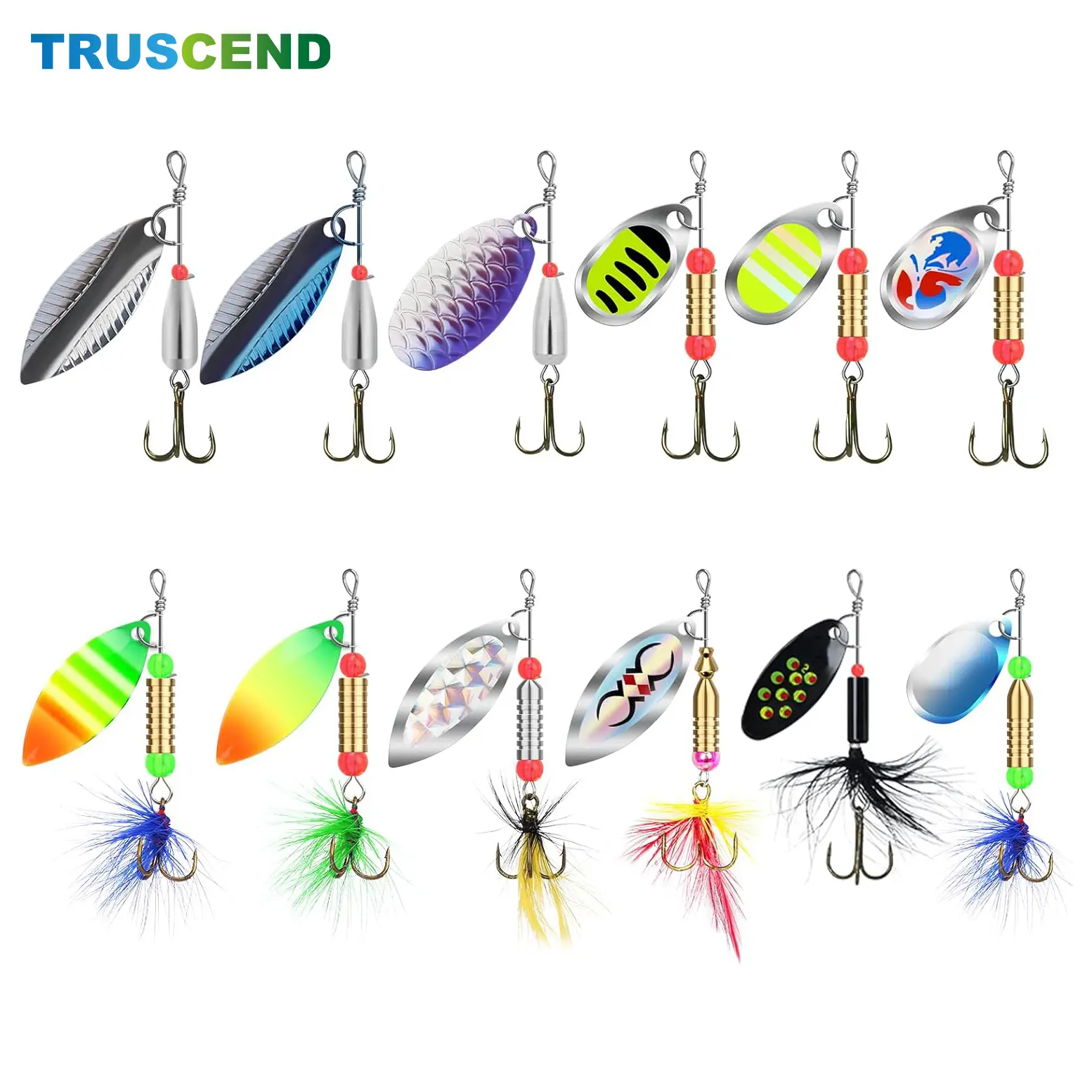 TRUSCEND Spinner Baits, 12pcs Rooster Tail Kit with 2.2"-3" Heavy Jigs & 360° Rotation Copper Propeller Blades for Bass & Trout