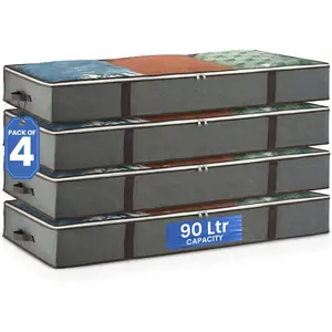 Underbed Storage Bags 4-Pack - Foldable Under Bed Storage Organizer for Clothes, Bedroom Blankets, Comforter, Pillows, Linen Sheets, Towels, Sweaters, Shoe Drawers - Ideal for College Dorms (Grey)