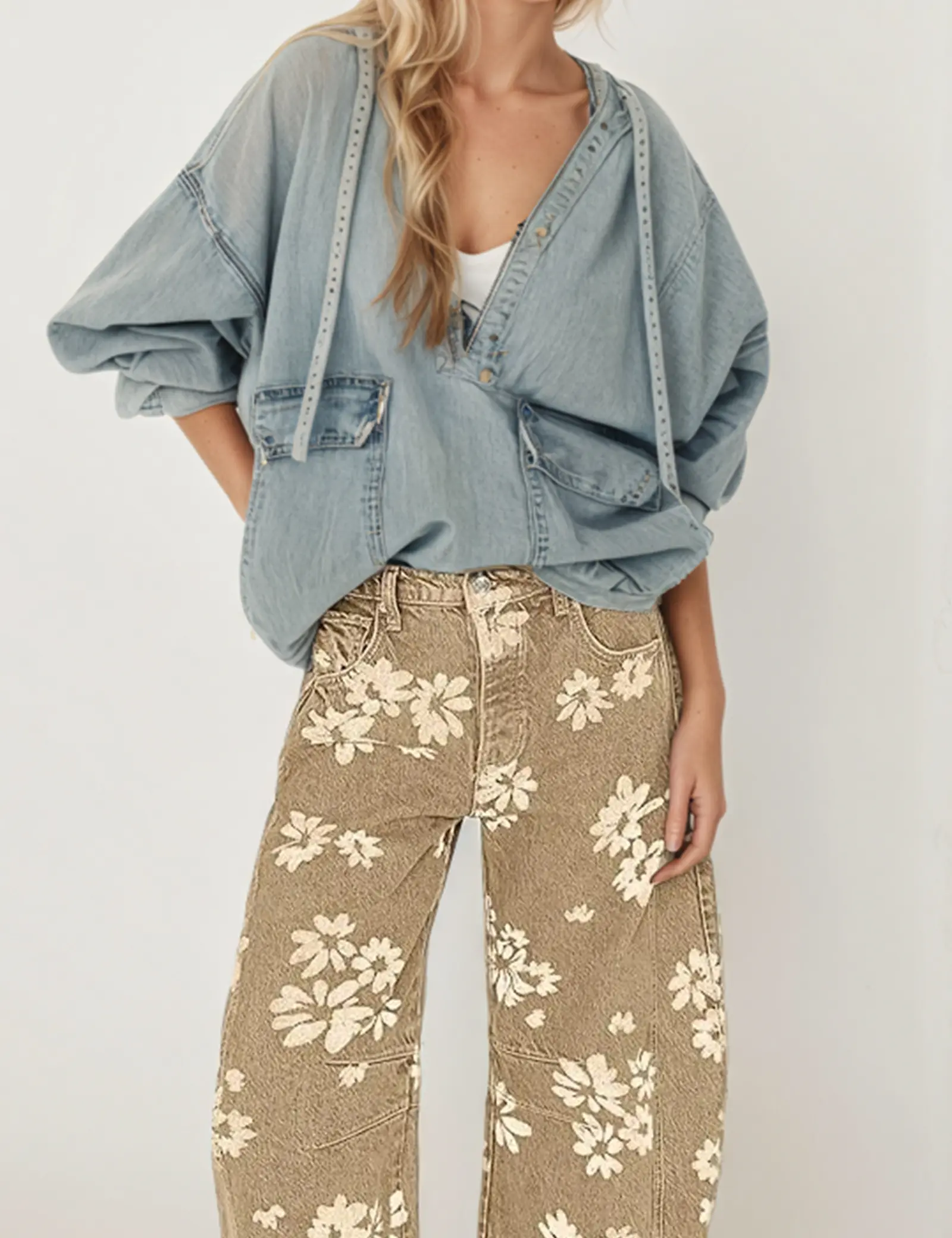 Women's Minimal Floral Bottom Jeans - Y2K Loose Wide-Leg Boyfriend Style, Printed Patchwork Denim Pants with Pocket and Button, Streetwear Clothes