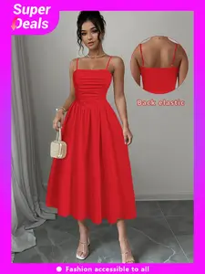 Women's Solid Color Cami Dress, Elegant Chic Fashion Casual Midi Dress for Daily Outdoor Wear, Women Dress for All Seasons, Womenswear