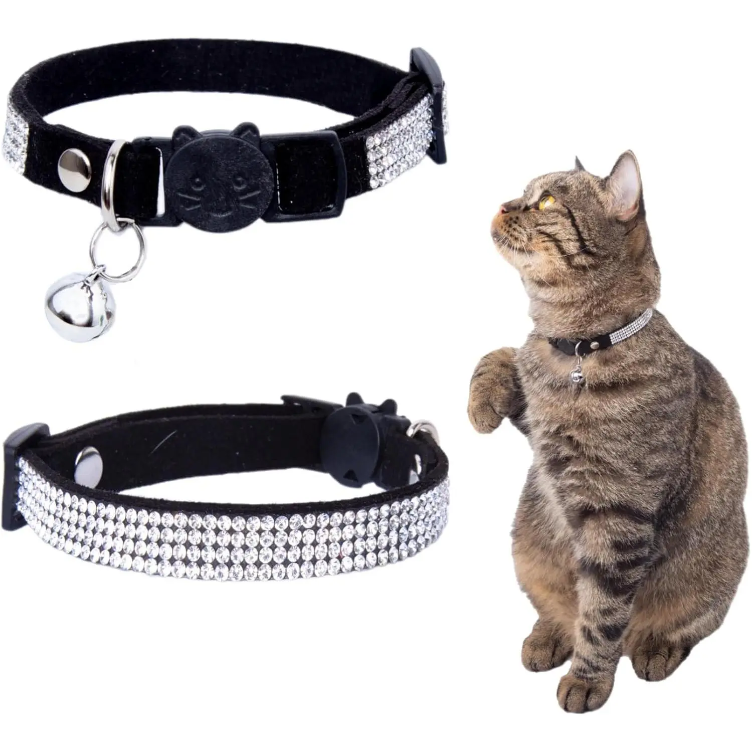 Rhinestone cat collar with safety clasp and bell, adjustable with diamond decorations, suitable for kittens, small pets, rabbits, 6"-9" black extra small size