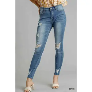 Umgee High Waist Distressed Skinny Jeans with Raw Hem