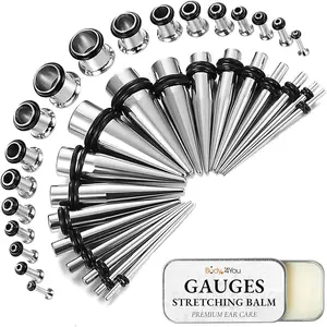 BodyJ4You 37PC Ear Gauge Stretching Kit - Gauges for Ears 14G-00G Starter Set - Aftercare Balm - Silvertone Stainless Steel Tapers Single Flare Plugs Tunnels - Dead Stretching Beginner Men Women