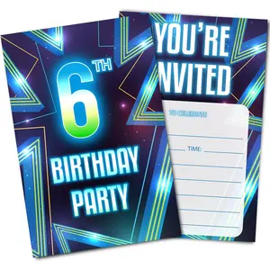 Neon 6th Birthday Party Invitations, Blue Invitation Cards with Envelopes (30PACK), Sixth Birthday Supplies Fill-in Invites for Boys, Girls, Kids