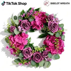 Bibelot 20 In Floral Artificial Purple Silk Rose Wreath with Hydrangea, Green Leaves, Farmhouse Decorative Ornaments for Front Door, Room, Ideal Gift,summervibes outdoorfun Faux Silk Flowers