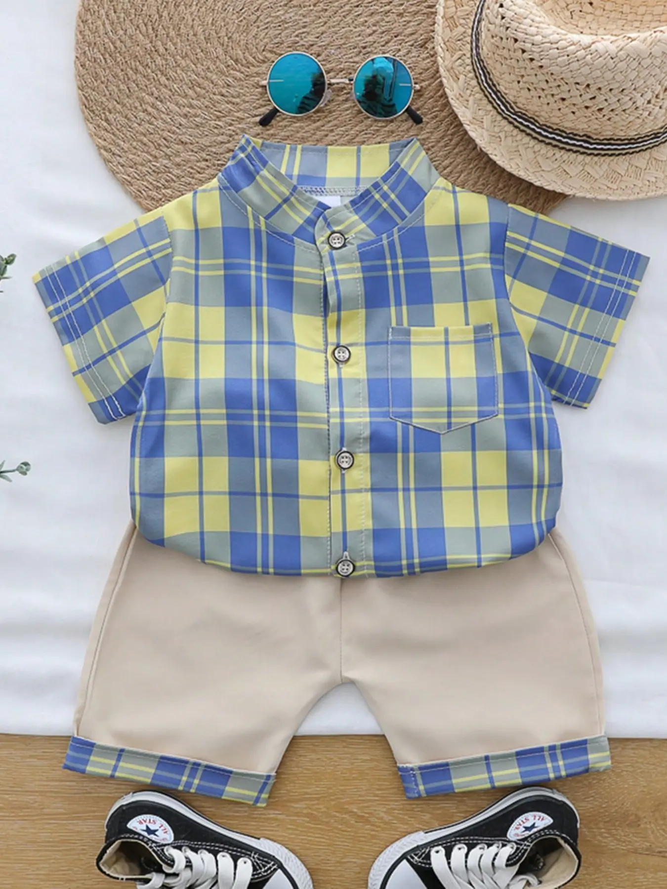 2PCS Baby Toddler Summer Plaid Stand Collar Shirt Short Sleeve Shorts Set, Toddler Style Casual Comfortable Baby Boy Clothes for Boys & Girls, Perfect for Daily Wear, Toddler Outfit