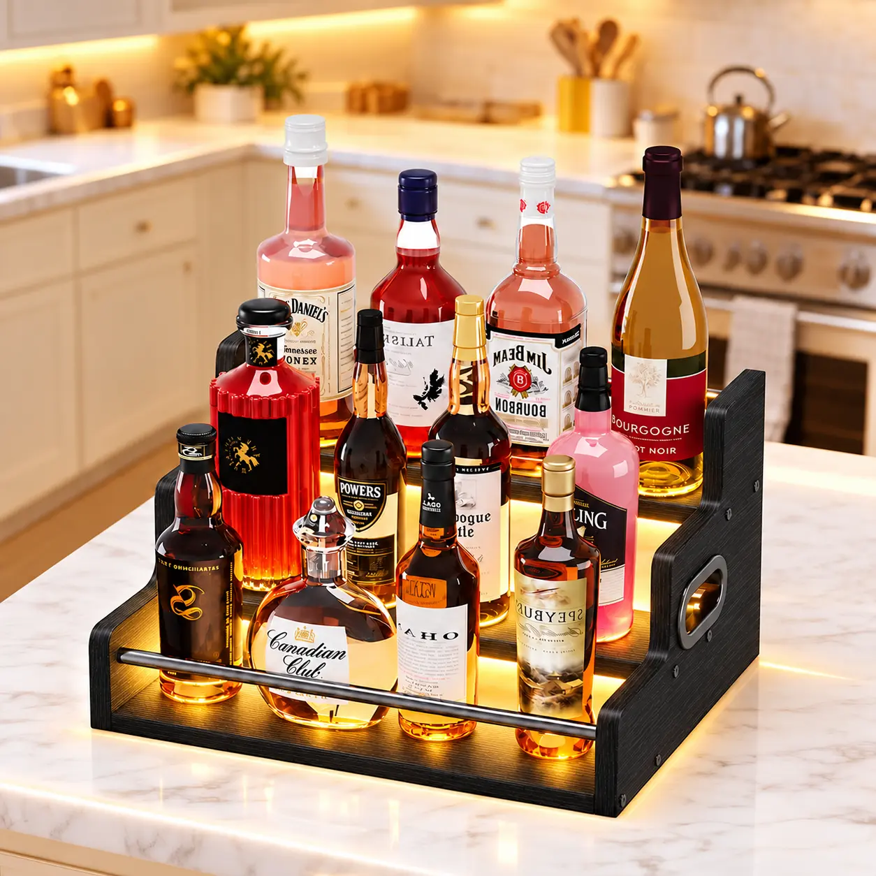 FXACYEM 3-Tier Wood Liquor Bottle Display Shelf with Adjustable LED Light, Freestanding Lighted Home Bar Wine Rack, Countertop Whiskey Stand, Modern Display for Christmas Decor Home Bar Coffee Station and Corner Shelf Decor