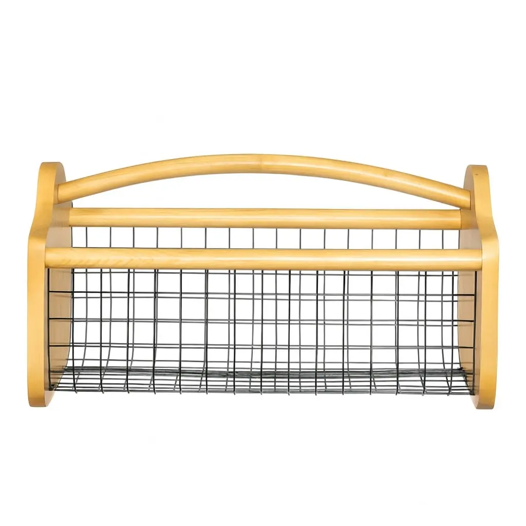 Gardenised QI004919 Vintage Wooden Harvest Storage Basket - 11x19x9" Pine Wood Frame, Airflow Mesh Metal Wire, Curved Handle, Lightweight Decorative Household Farmhouse Organiser for Fruits & Vegetables, Floral