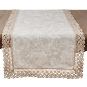 212 MAIN Cotton-Linen Jacquard Weave Lace Trim Rectangular Table Runner, 16x54 in., Natural